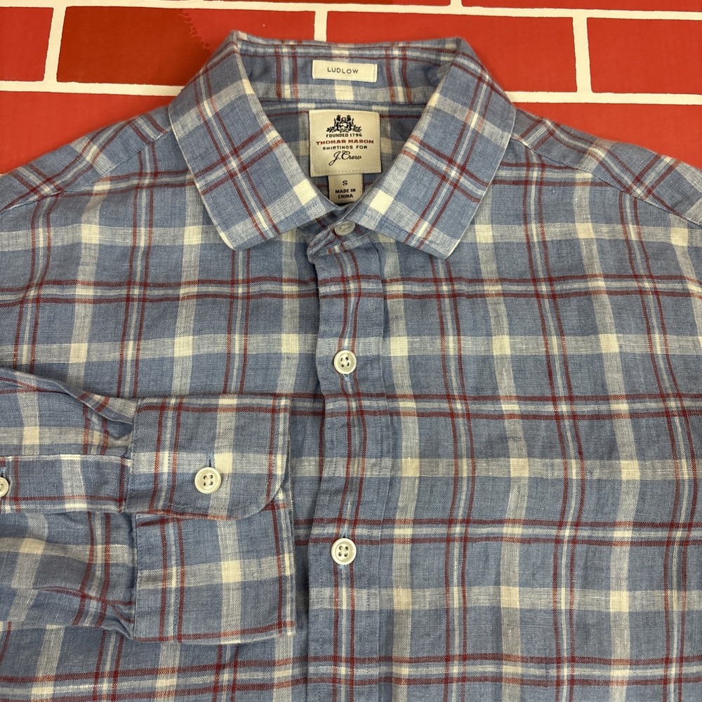 J Crew Linen Shirt Men Ludlow Thomas Mason Plaid Small